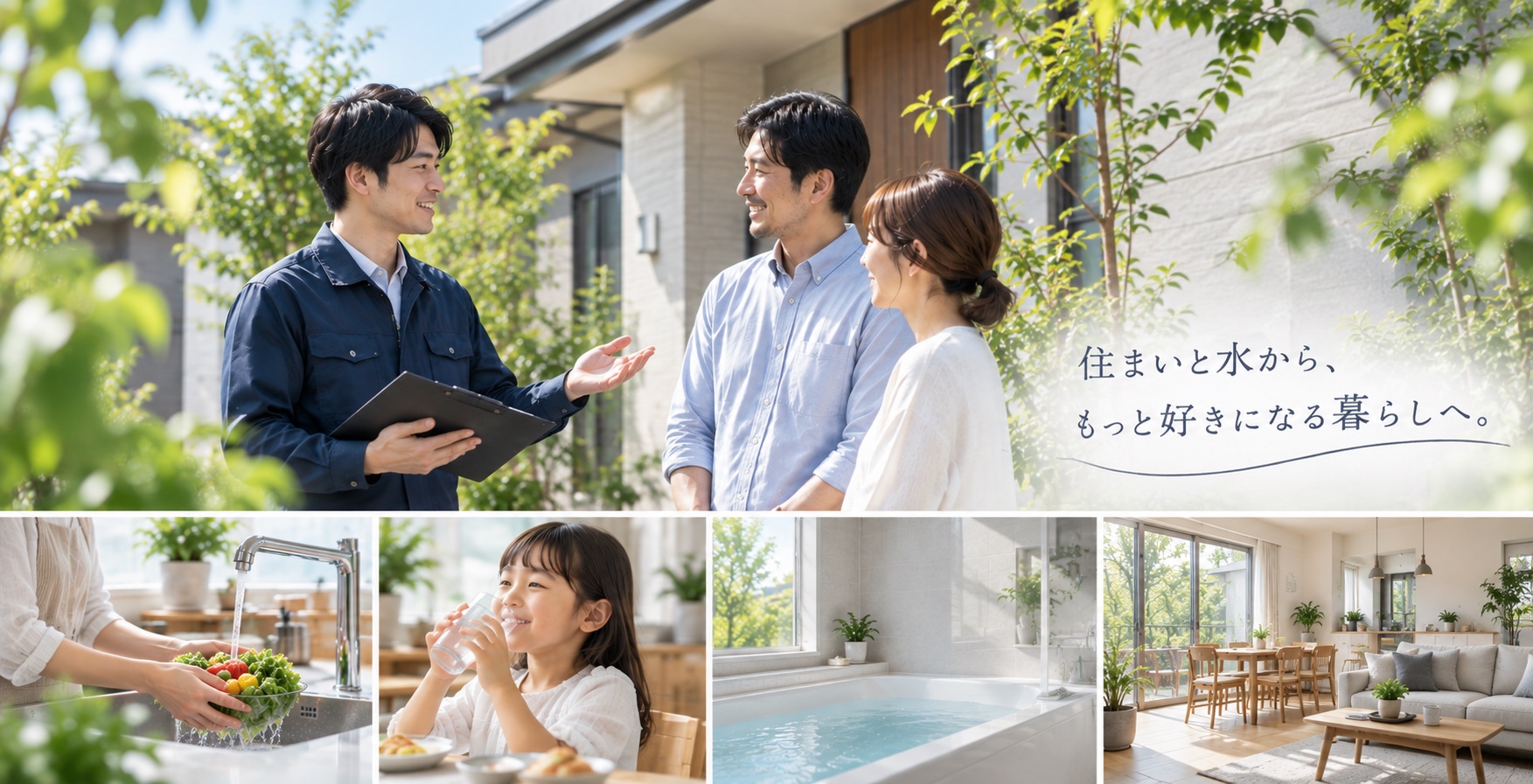 お客様に住まいのご提案をするスタッフと、暮らしの水まわりのイメージ
